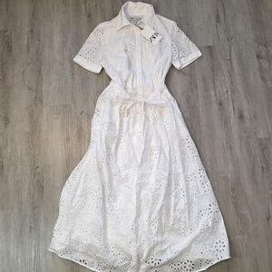 Zara Long White Eyelet Front Tie Buttondown Dress Size Large